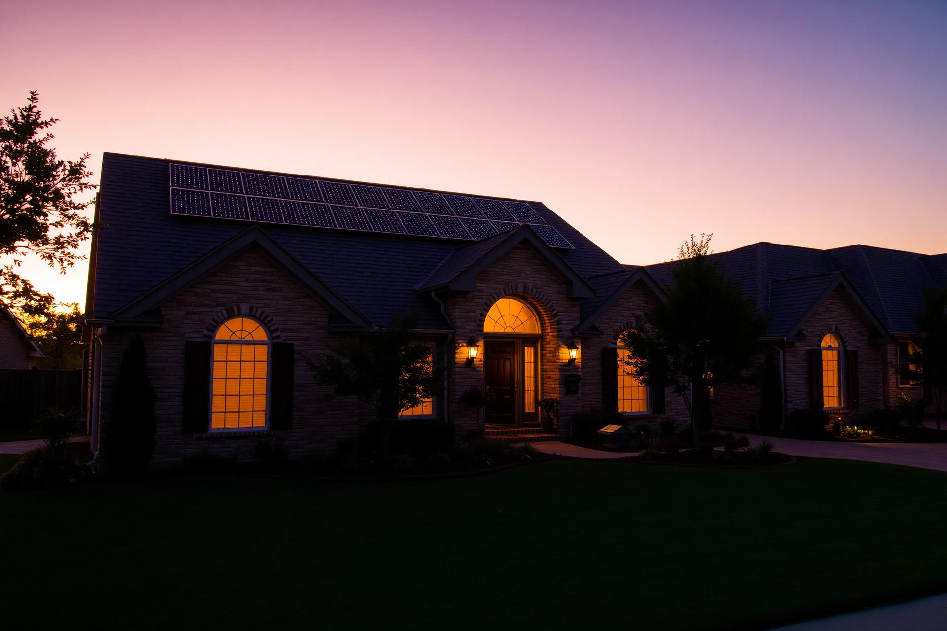Suburban Texas home with solar panels at golden hour